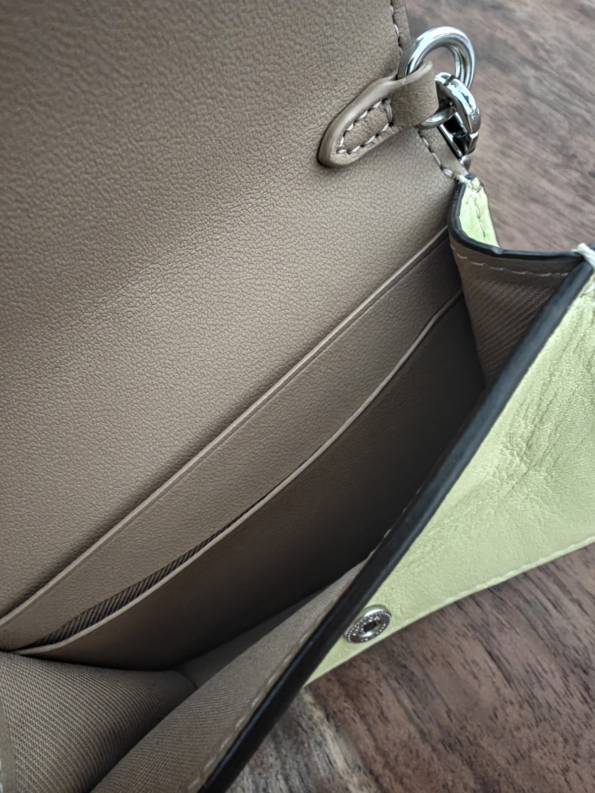 Coach Mini Wallet on a Chain – Style CJ528 Pale Lime with Silver Hardware