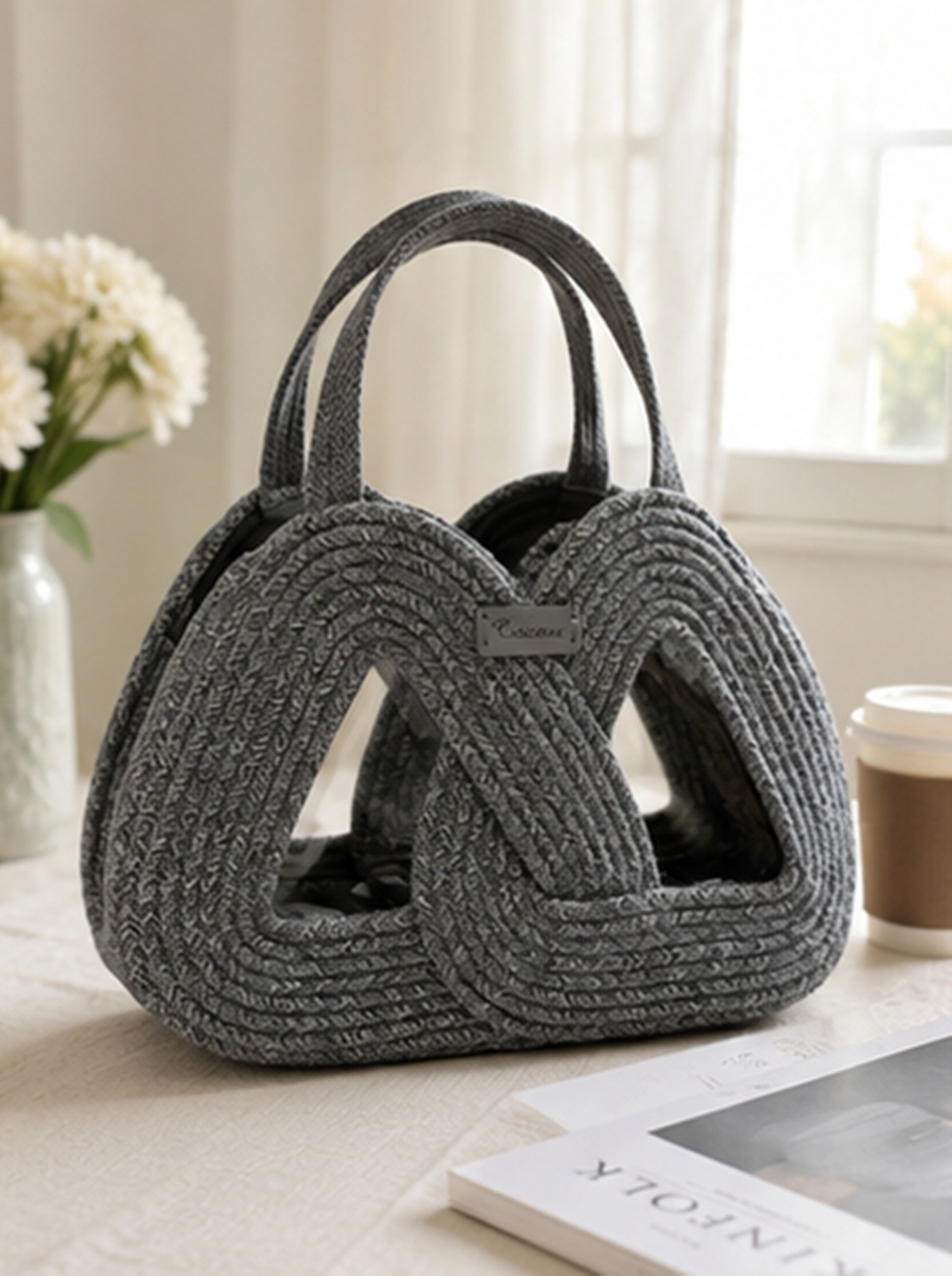 Handmade Minimalist Round Rope Handbag, Cream Coiled Cotton Shoulder Bag