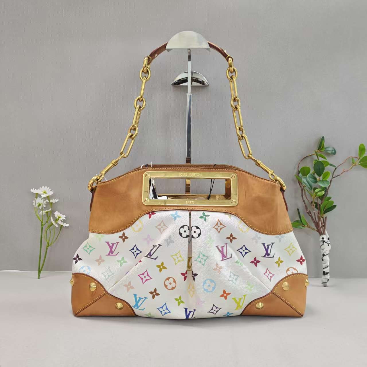 Louis Vuitton Judy White Multicolore M40251 Canvas Suede Gold Chain Shoulder Bag