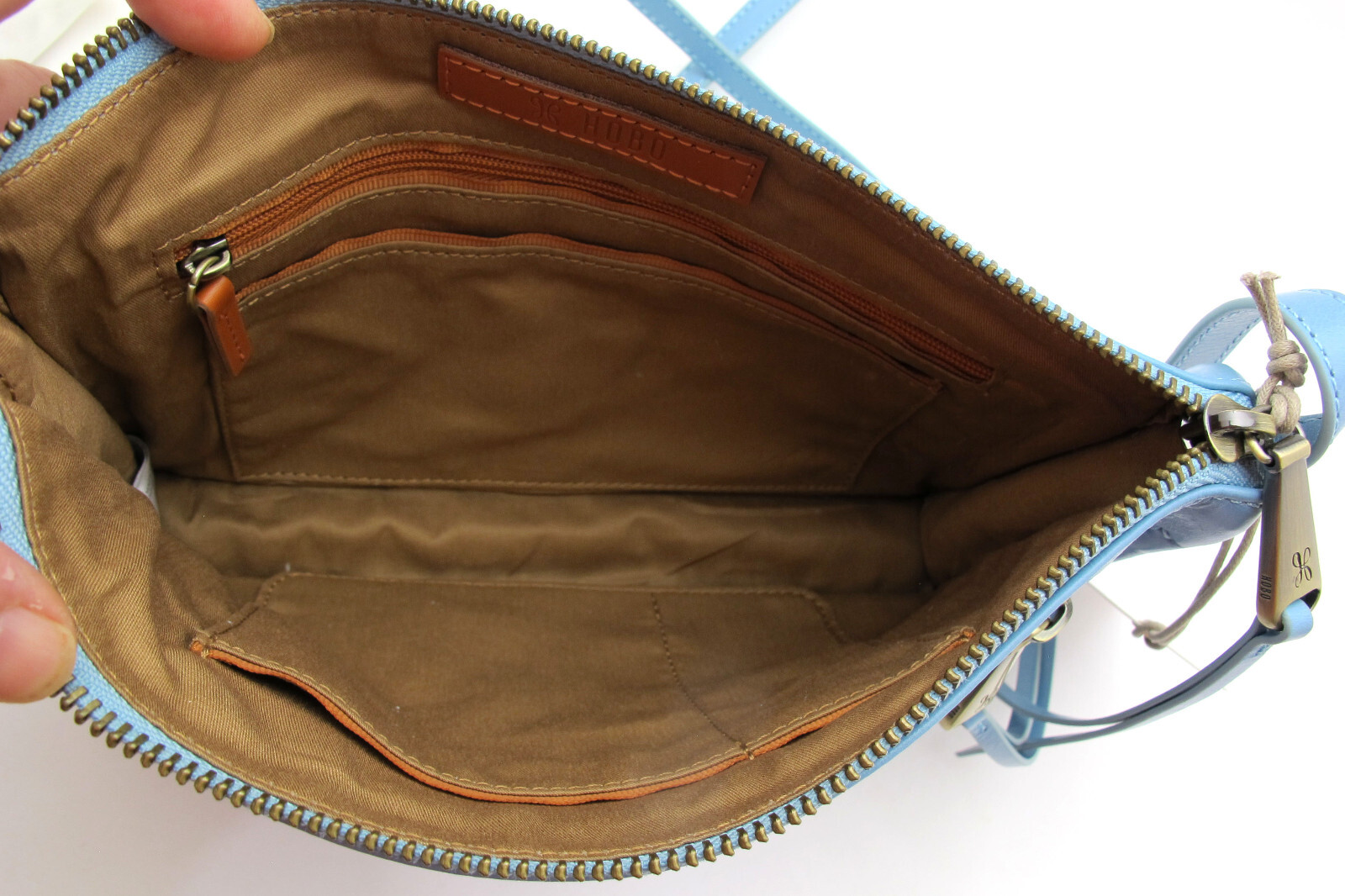 NEW HOBO Smooth Leather Triple Zipper MISSION Crossbody Blue Mist/Antique Gold