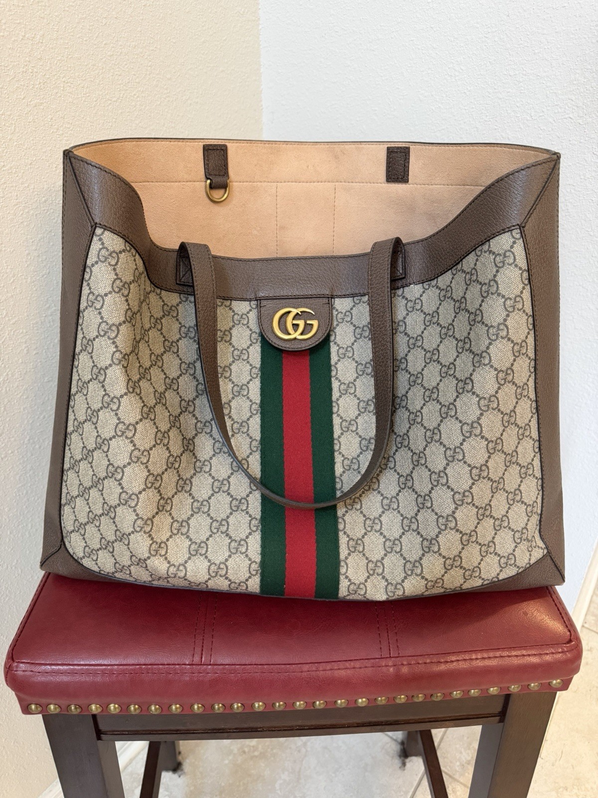 Gucci GG Monogram Web Stripe Tote Bag Double Handles Open Top Gold Hardware