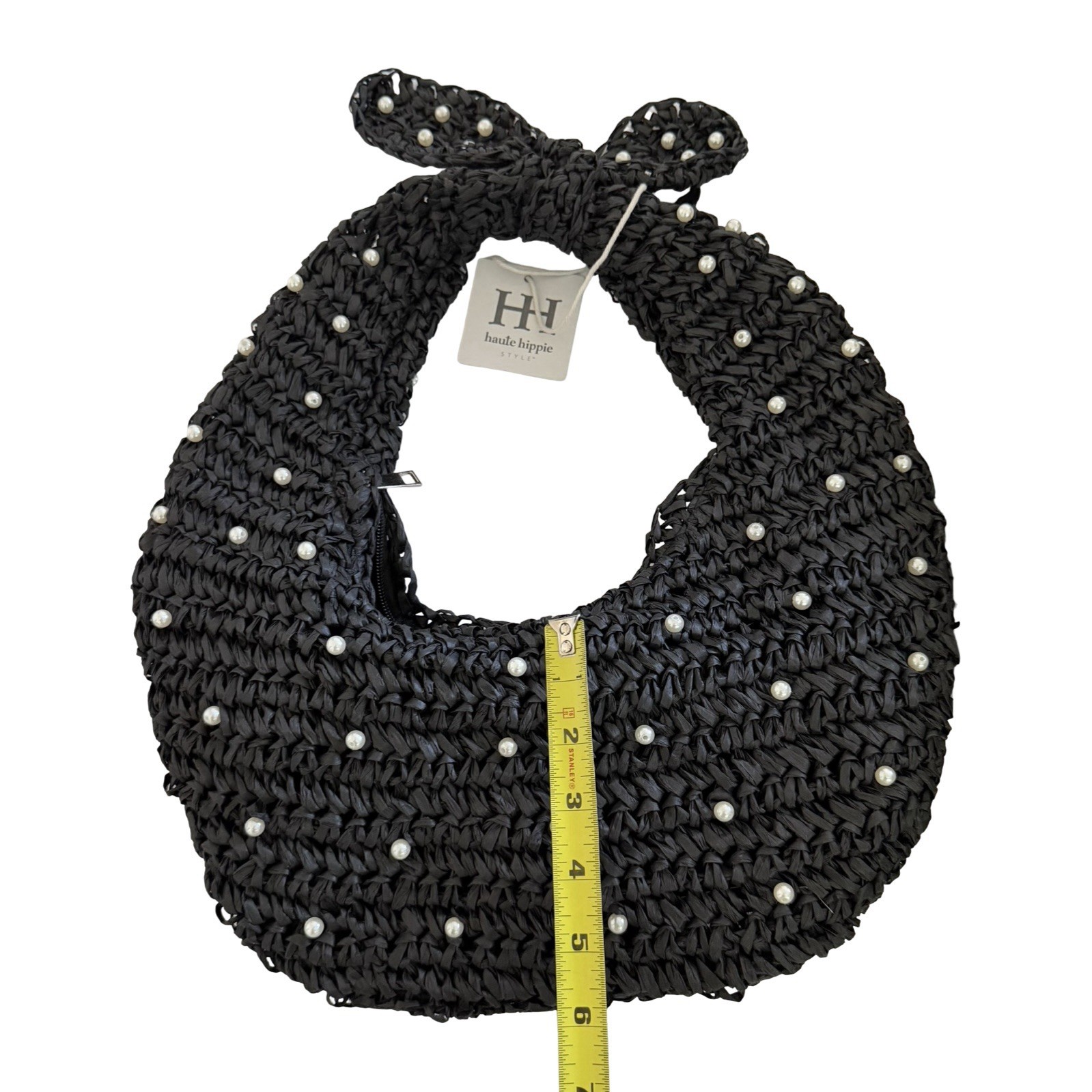 Haute Hippie Straw Woven Pearl Beaded Shoulder Bag Black Zip Closure Handbag NEW