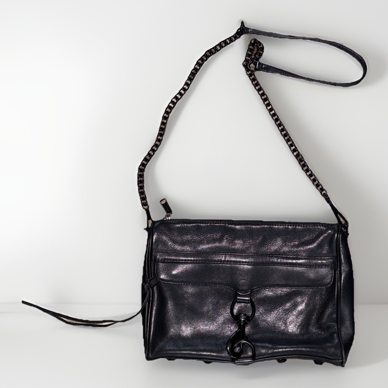 REBECCA MINKOFF MAC Black Leather SHOULDER BAG Crossbody Purse Clutch Chain