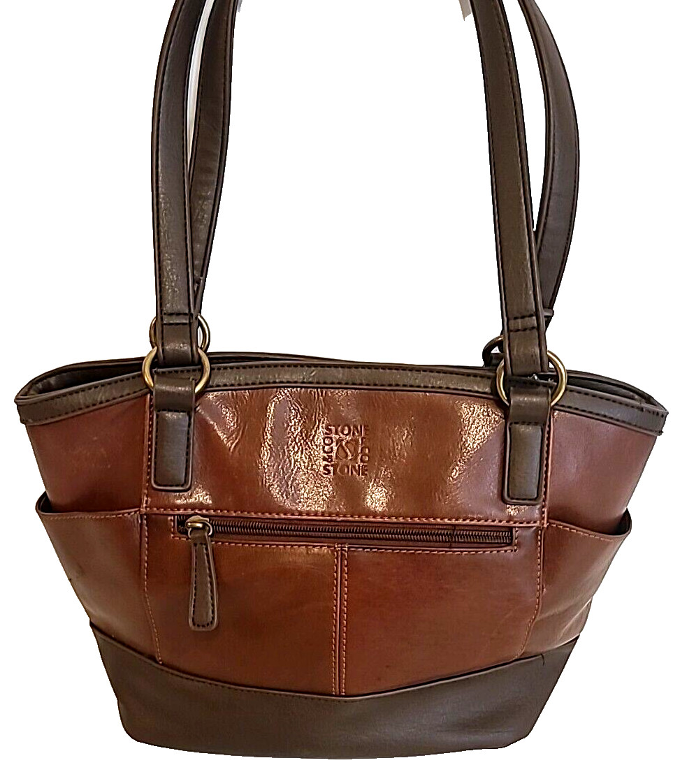 Stone & Company Leather Purse Shoulder Bag 2 Tone Brown Double Handle W/ Pockets