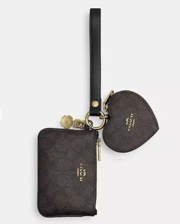 Coach Heart Shaped Wristlet Signature PVC Canvas Leather Black Brown