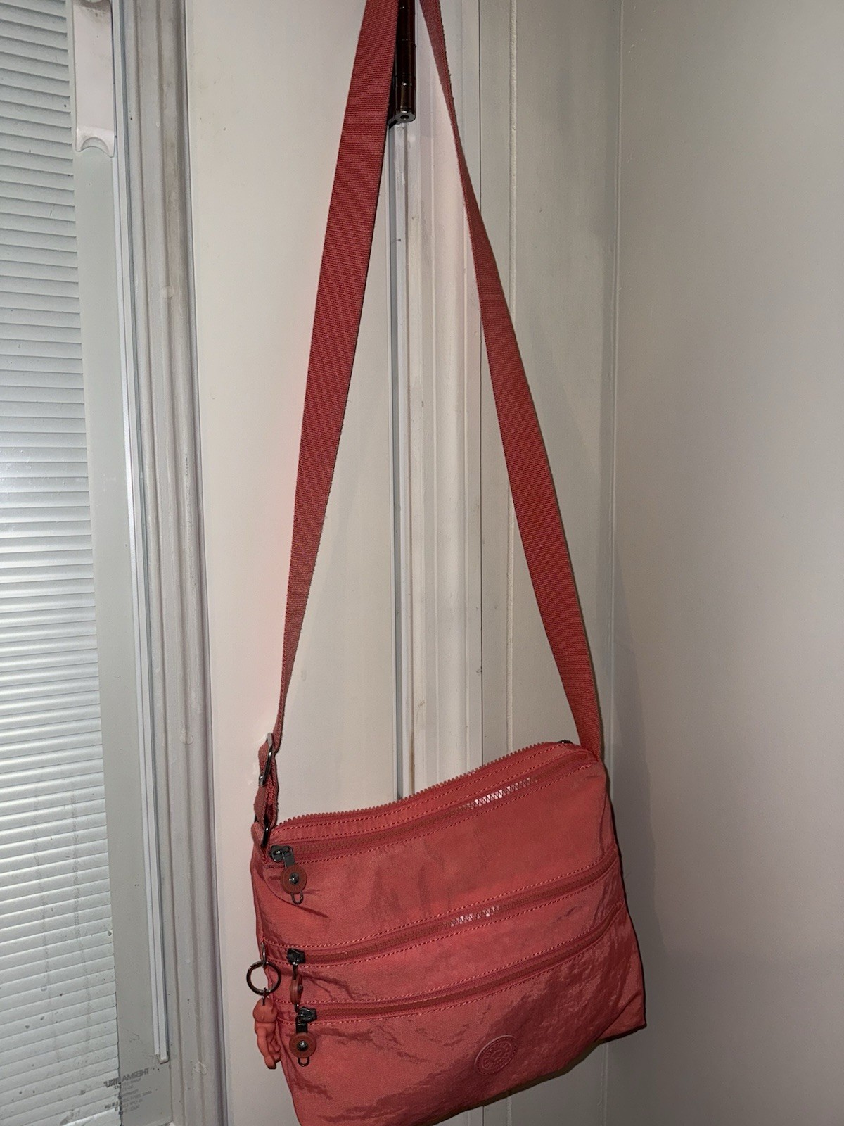 Kipling Peach Crossbody Bag Zip Closure Adjustable Strap Monkey Charm