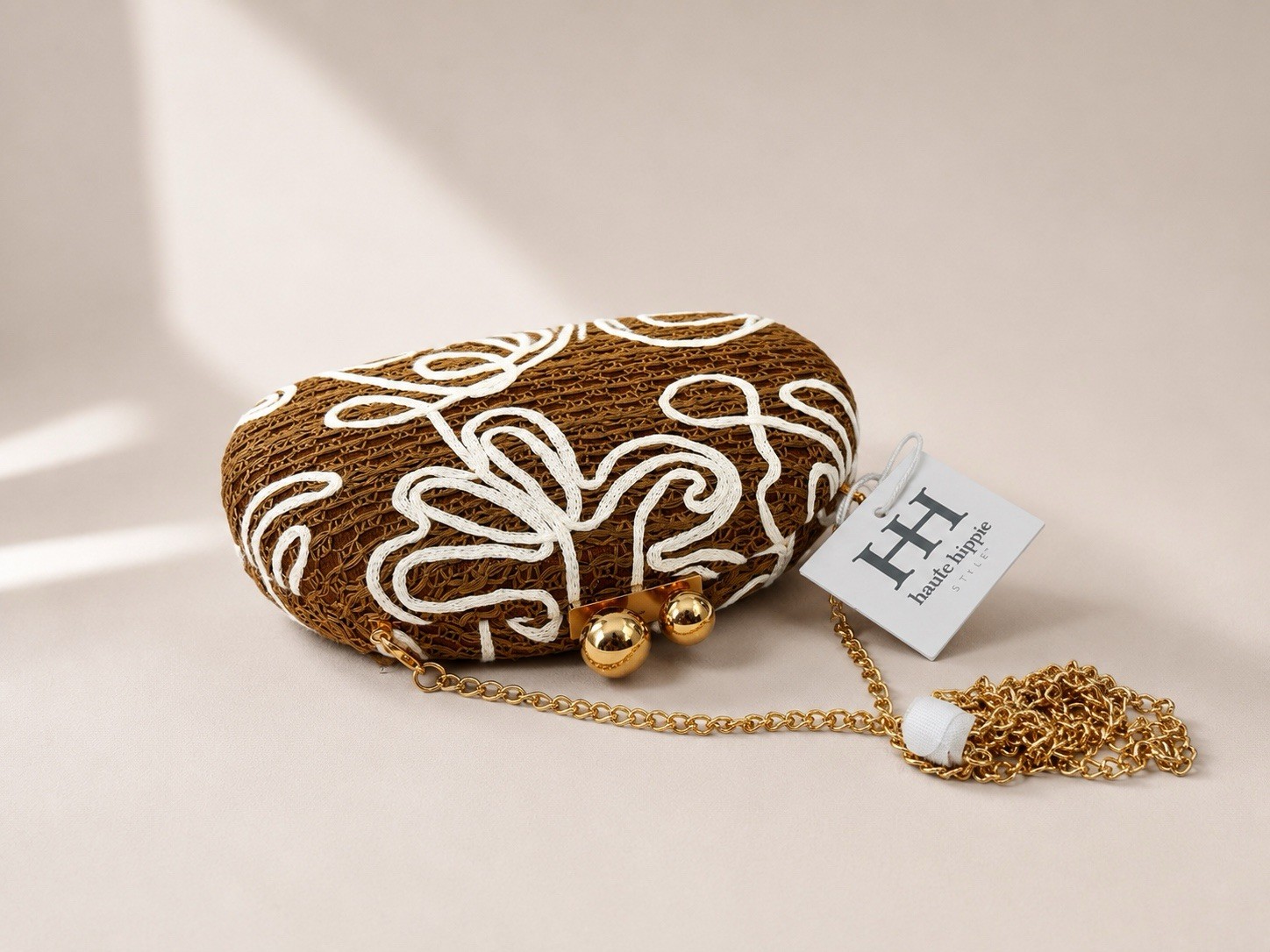 Haute Hippie | Brown/white Embroidered Cork Crossbody Clutch