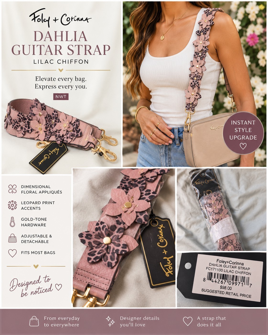 Foley + Corinna Dahlia Guitar Strap Lilac Chiffon Floral Leopard Print NWT