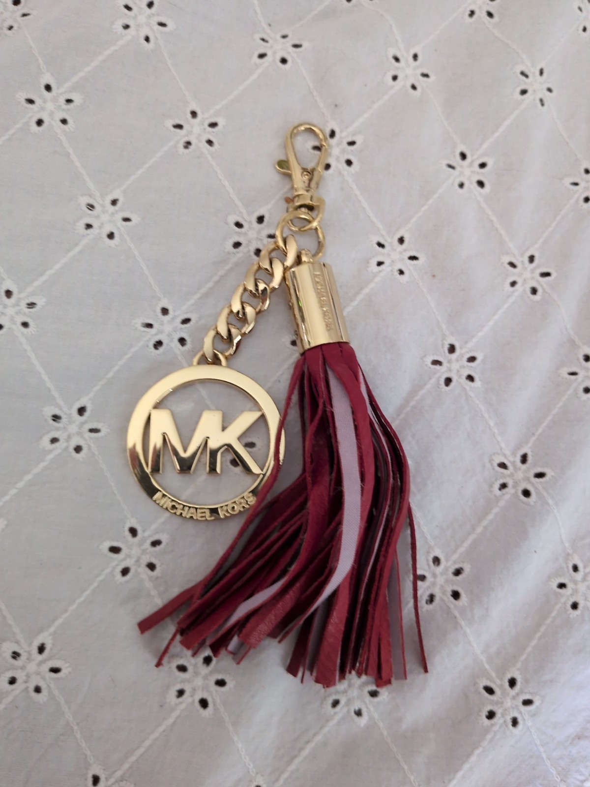 Michael Kors Gold MK Logo Charm Red Leather Tassle 4 Handbag Purse Fob Hang Tag