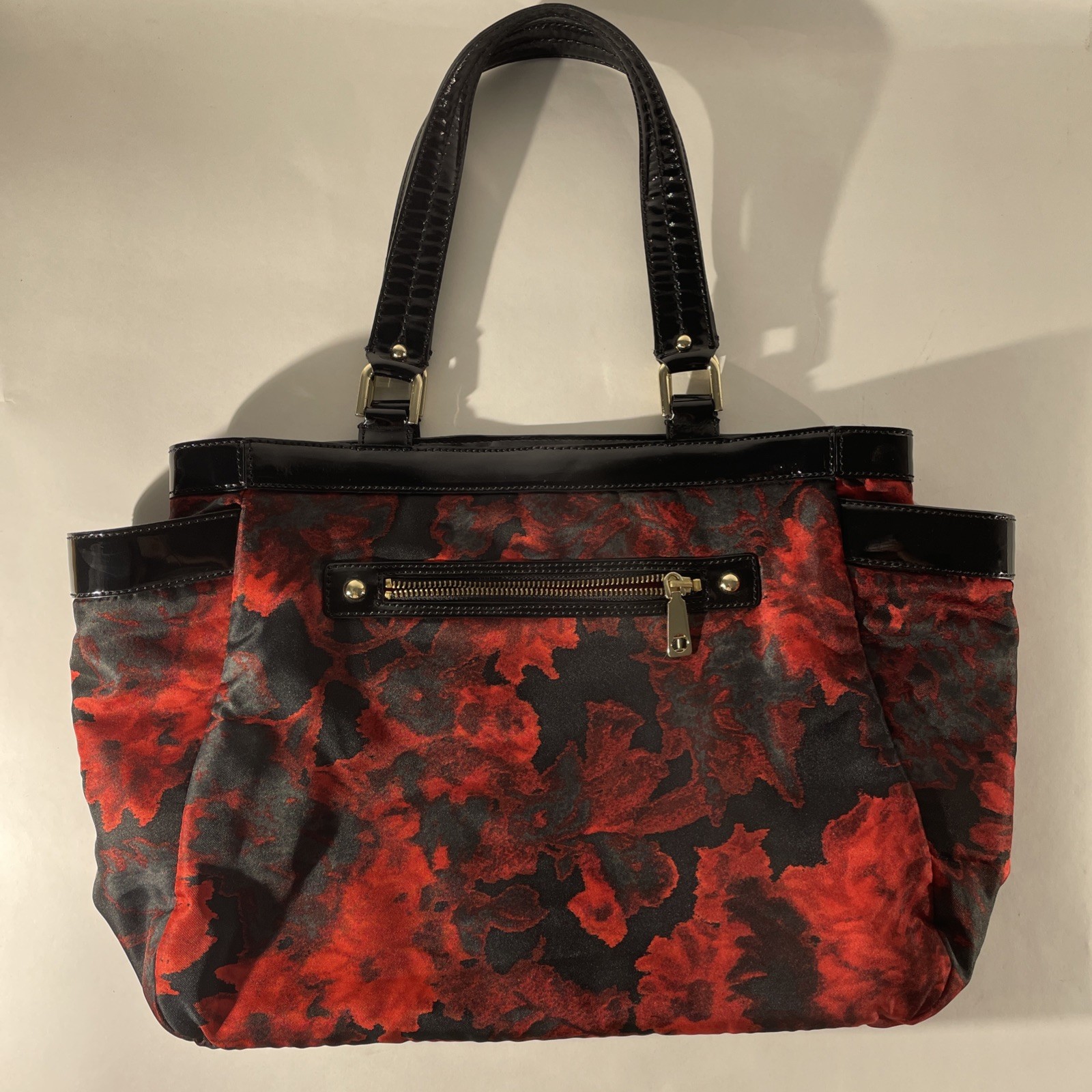 Talbots Black Red Floral Fabric Shoulder Tote Black Faux Patent Leather Trim