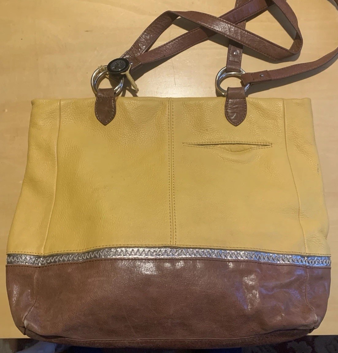 The Sak Indio Leather Shoulder Bag Yellow Top Brown Bottom Patterned Interior