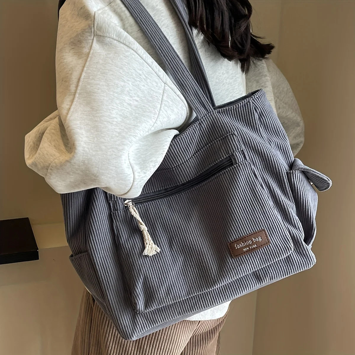 Tote Bag Solid Color Shoulder Bag Retro Multi Pockets Handbag School Work