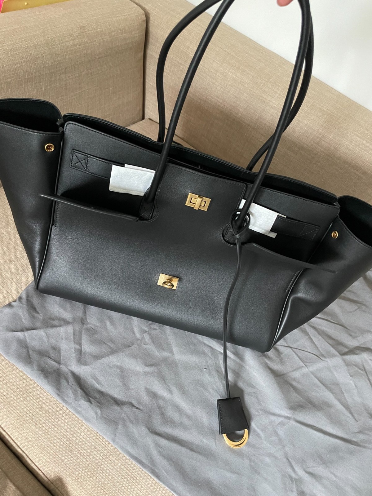 Balenciaga Bel Air Medium Tote Bag Black Calfskin Leather Top Handle Bag