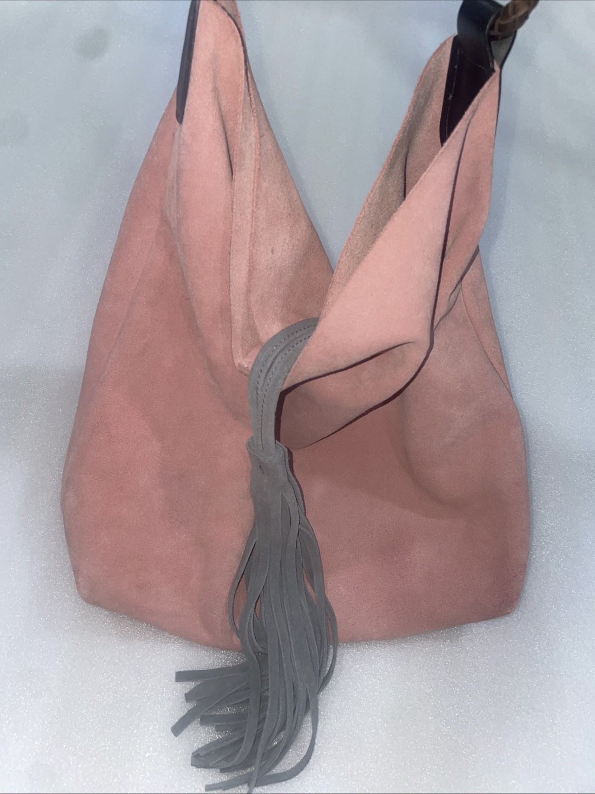 Uno Alla Volta Suede Bucket Bag Light Pink Gray Tassel Leather Woven Top Handle