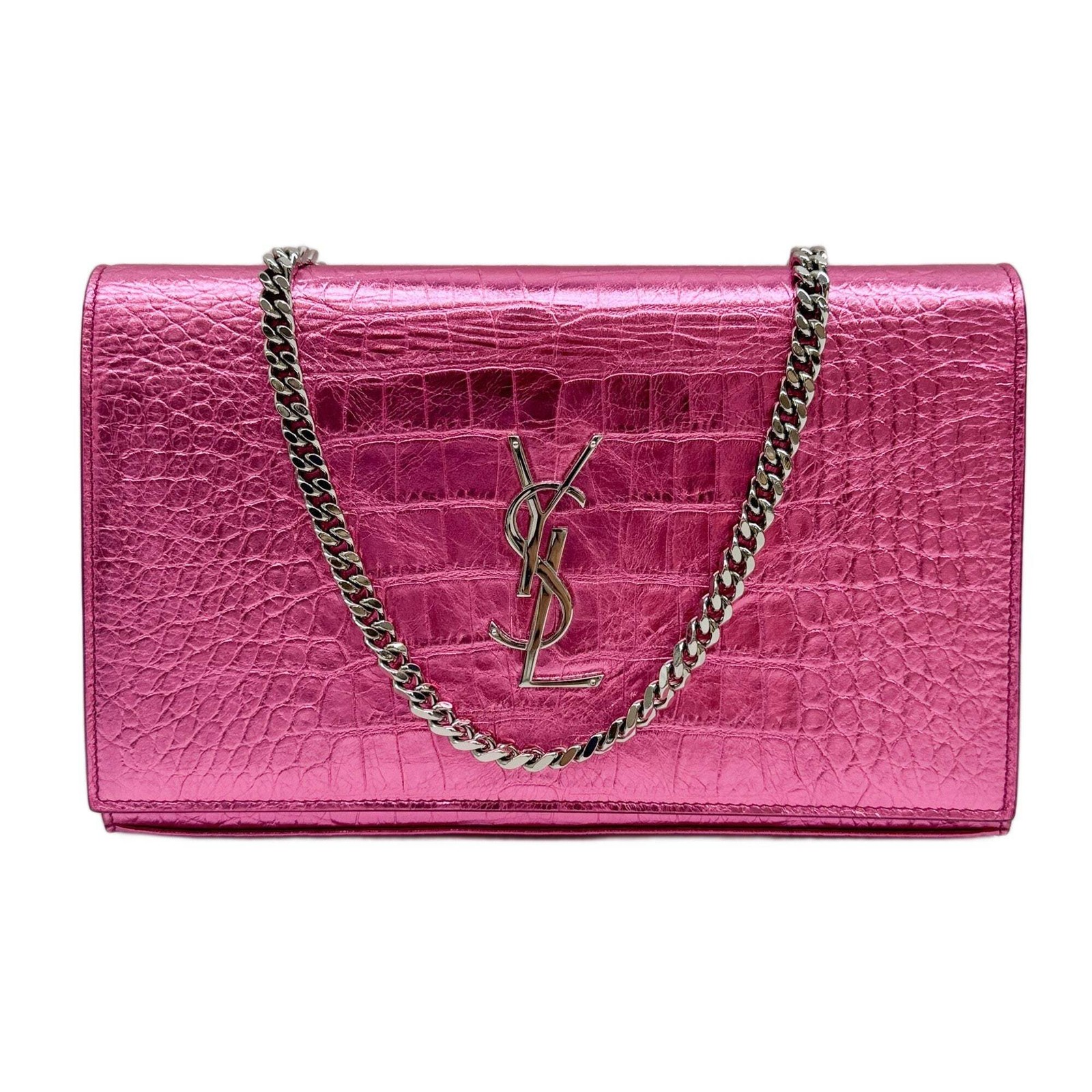 SAINT LAURENT Cassandra Pink Metallic Crocodile Embossed Leather Shoulder Bag