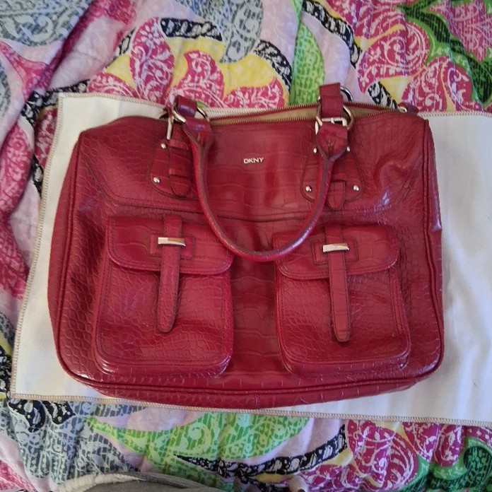 DKNY Red Crocodile Embossed Large Satchel Top Handles Wth Zipper 2 Front Pockets