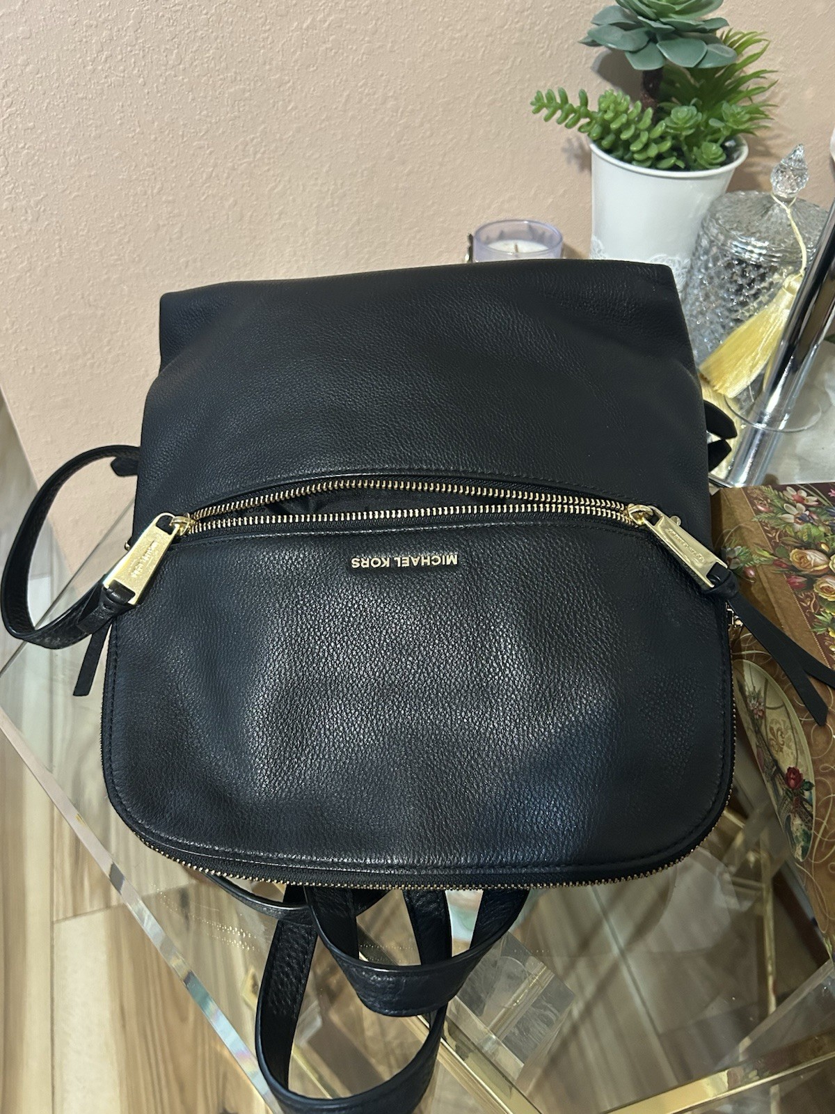 Michael Kors Rhea Daypack Black Leather Backpack with Gold Zipper Hardware