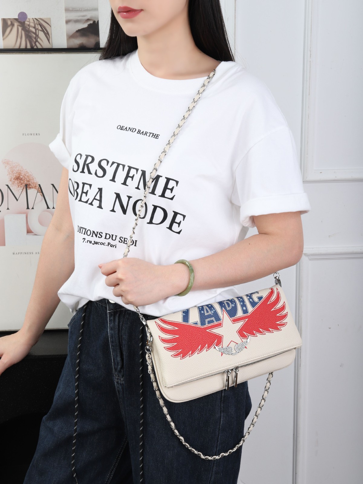 Zadig & Voltaire Cream Leather Bag Red Wing Star Graphic Dual Chain 27x15cm