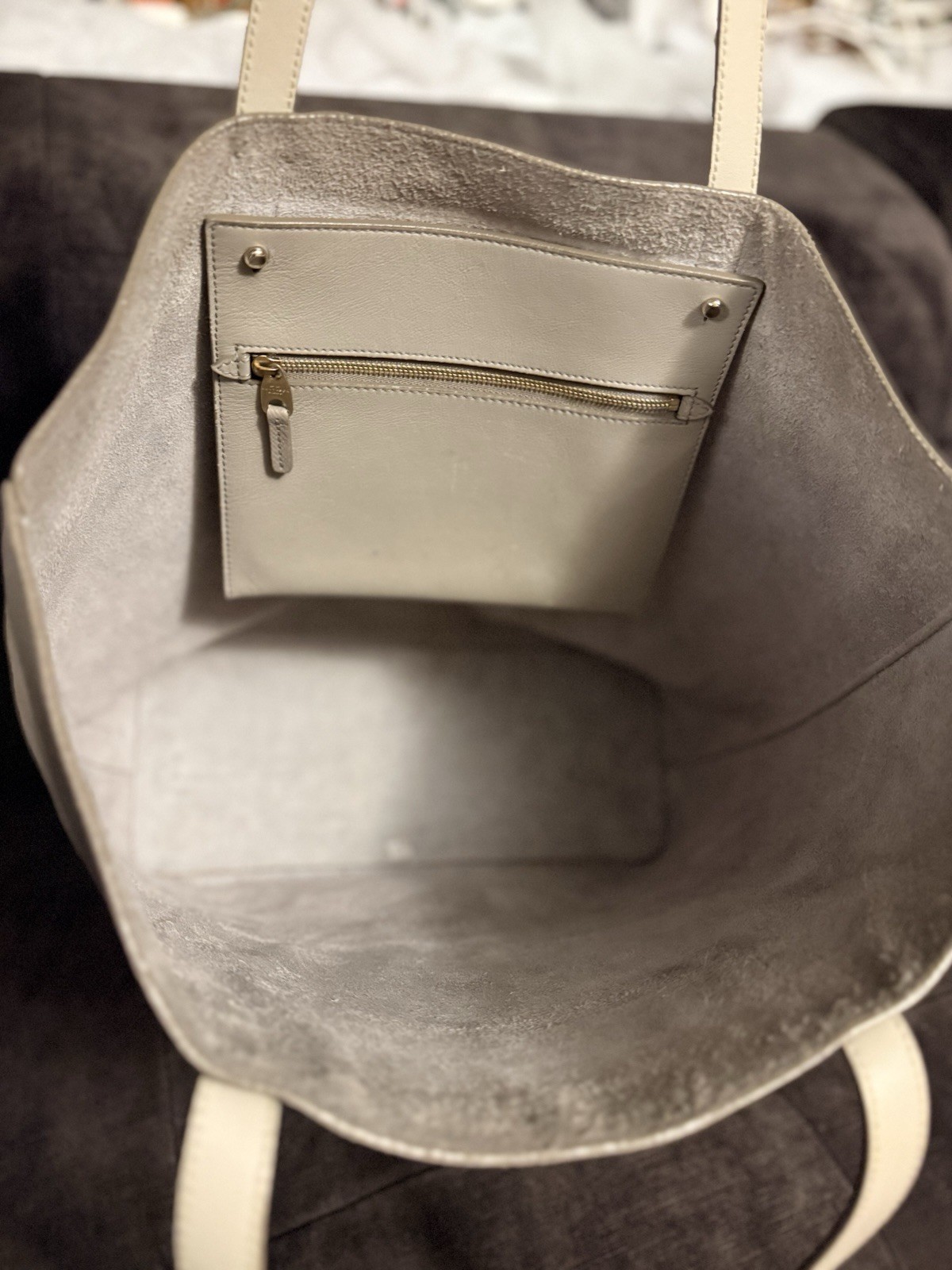 Smythson Pocket Tote Bag Handbag Purse in Taupe Leather