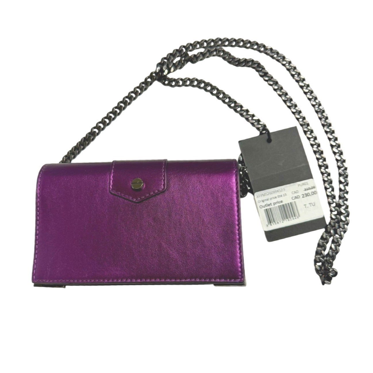 The Kooples Emily Leather Clutch Wallet Purple Metallic Chain Strap