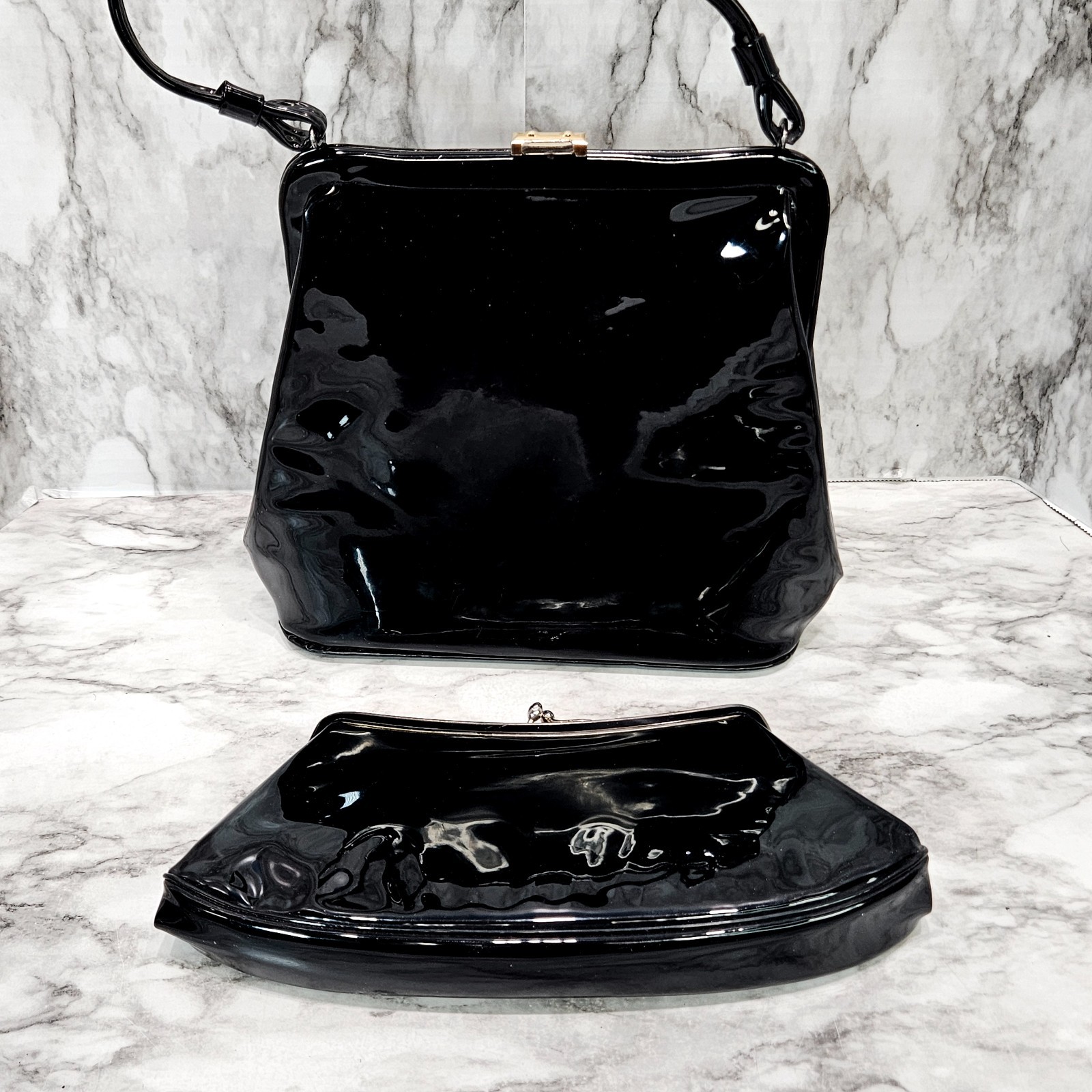 Black Patent Hand Purse and Clutch No Tags Vintage Fabric Lined Clasps See Photo