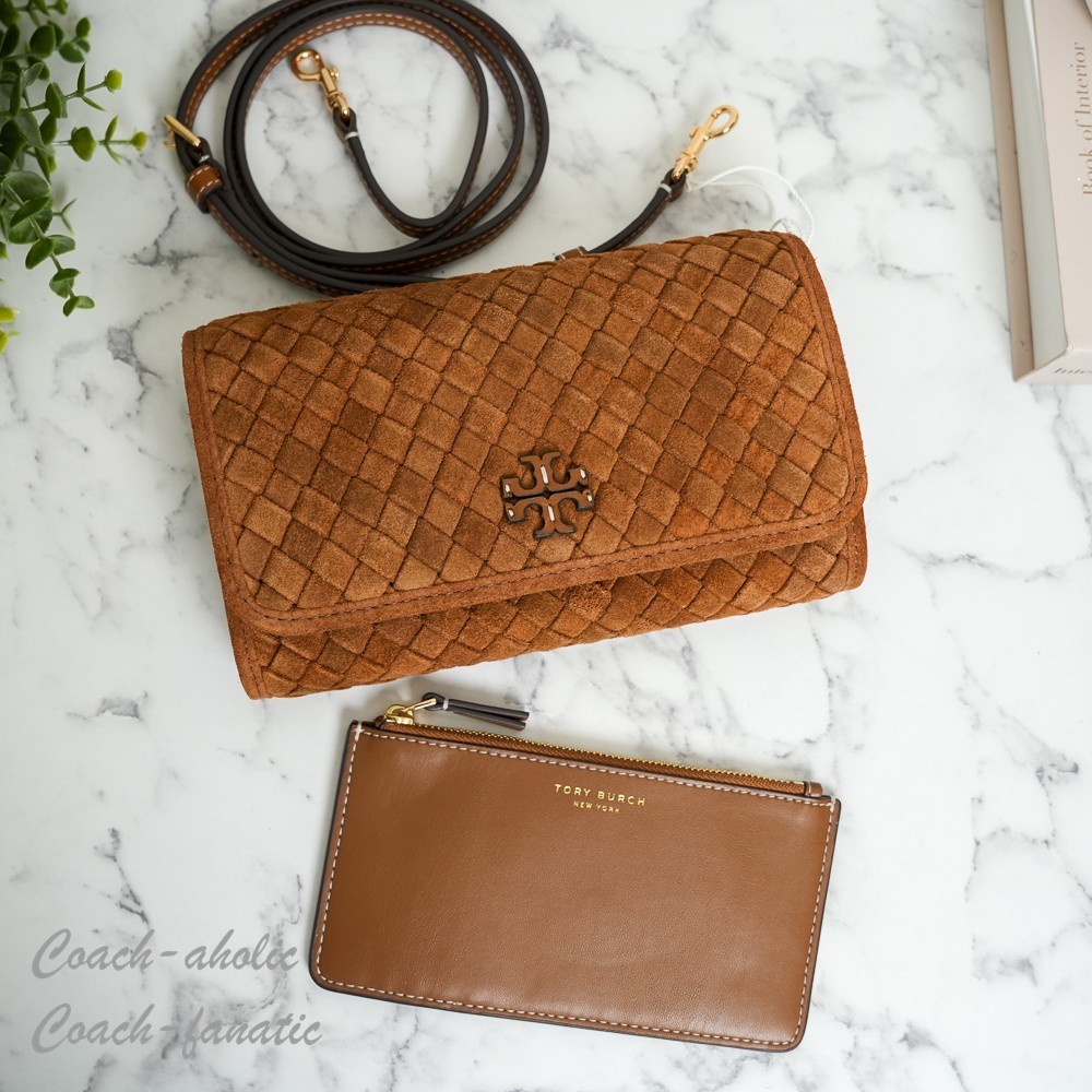 Tory Burch Thea Woven Suede Flat Wallet Crossbody in Chicory Brown NWT