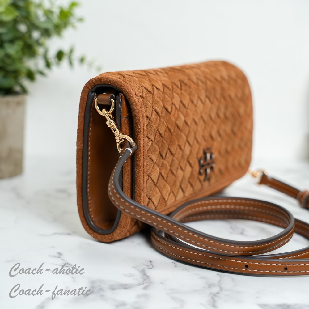 Tory Burch Thea Woven Suede Flat Wallet Crossbody in Chicory Brown NWT