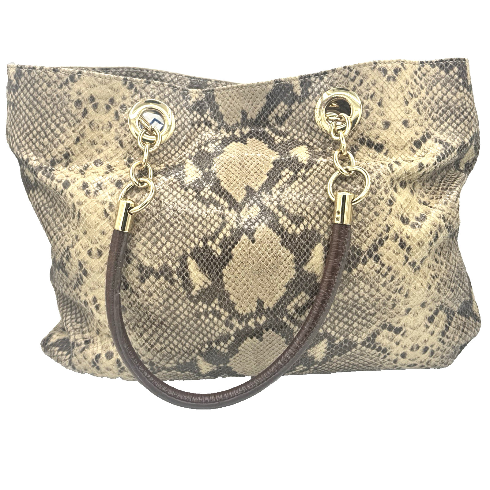 Cynthia Rowley Large Snake Print Leather Tote Handbag Gold Tone Dust Bag