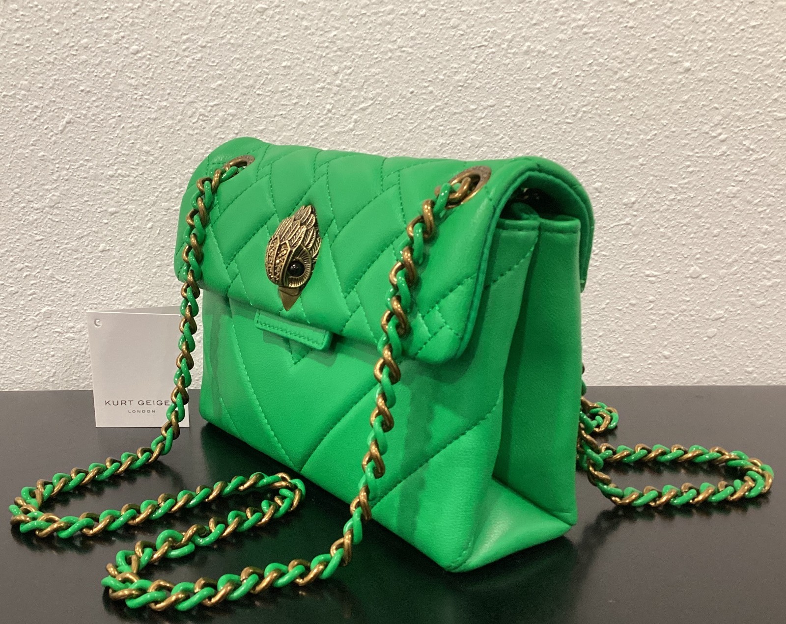 Kurt Geiger Mini Kensington 8″ x 5″ x 2.5″ Green Antique Brass Metal Leather New