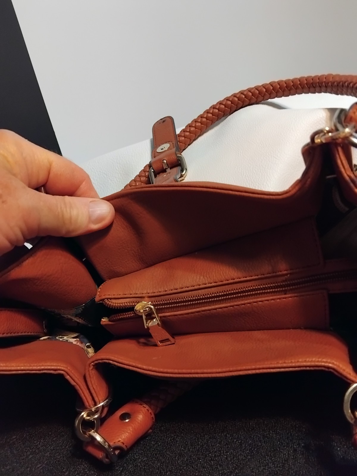 Black Rivet Purse 2-Tone White & Brown Double Handle Bag w/braided Handles