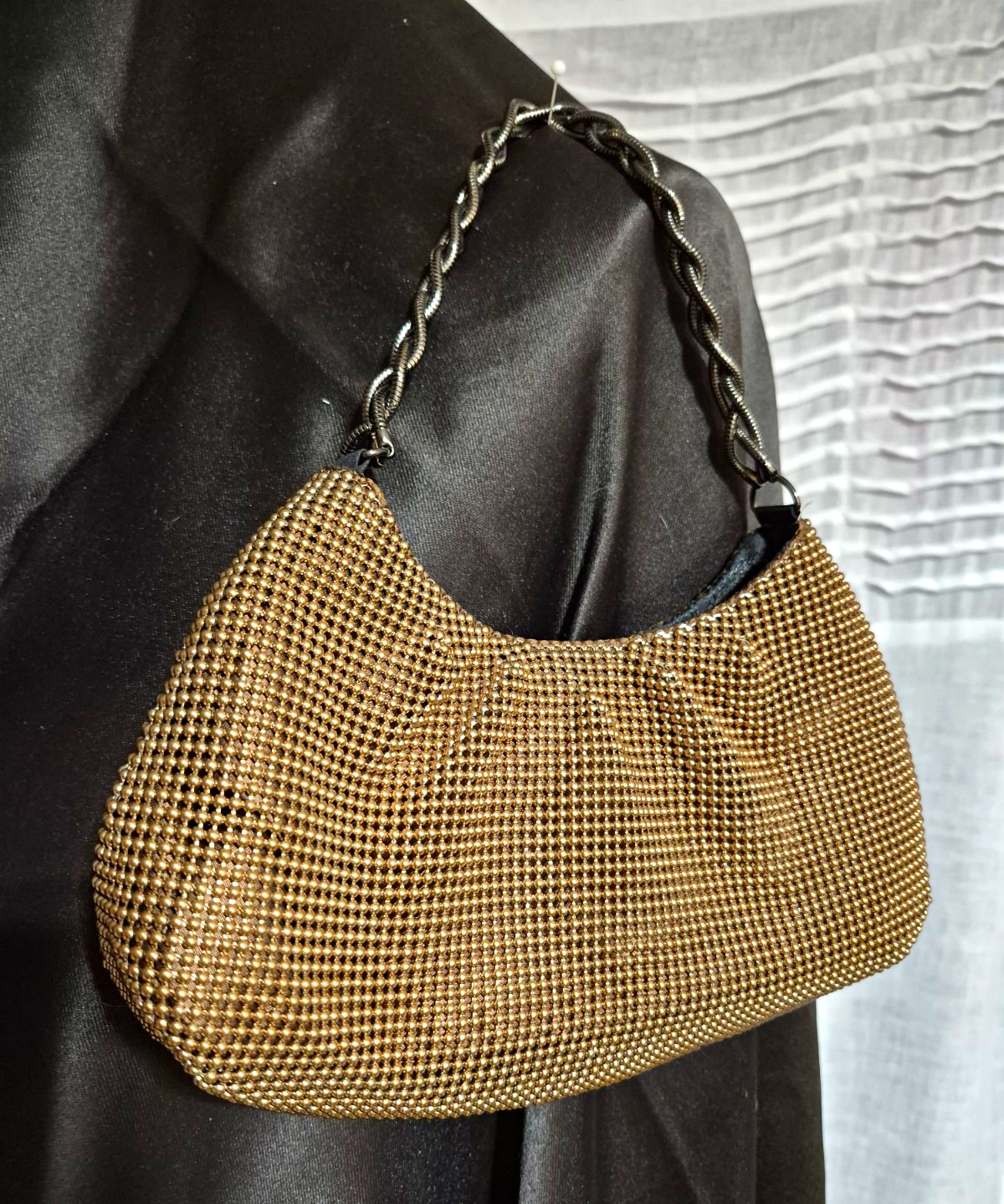 Women’s Gold Tone Metal Mesh Crescent Shoulder Bag, Chain Strap, Lined, Magnetic