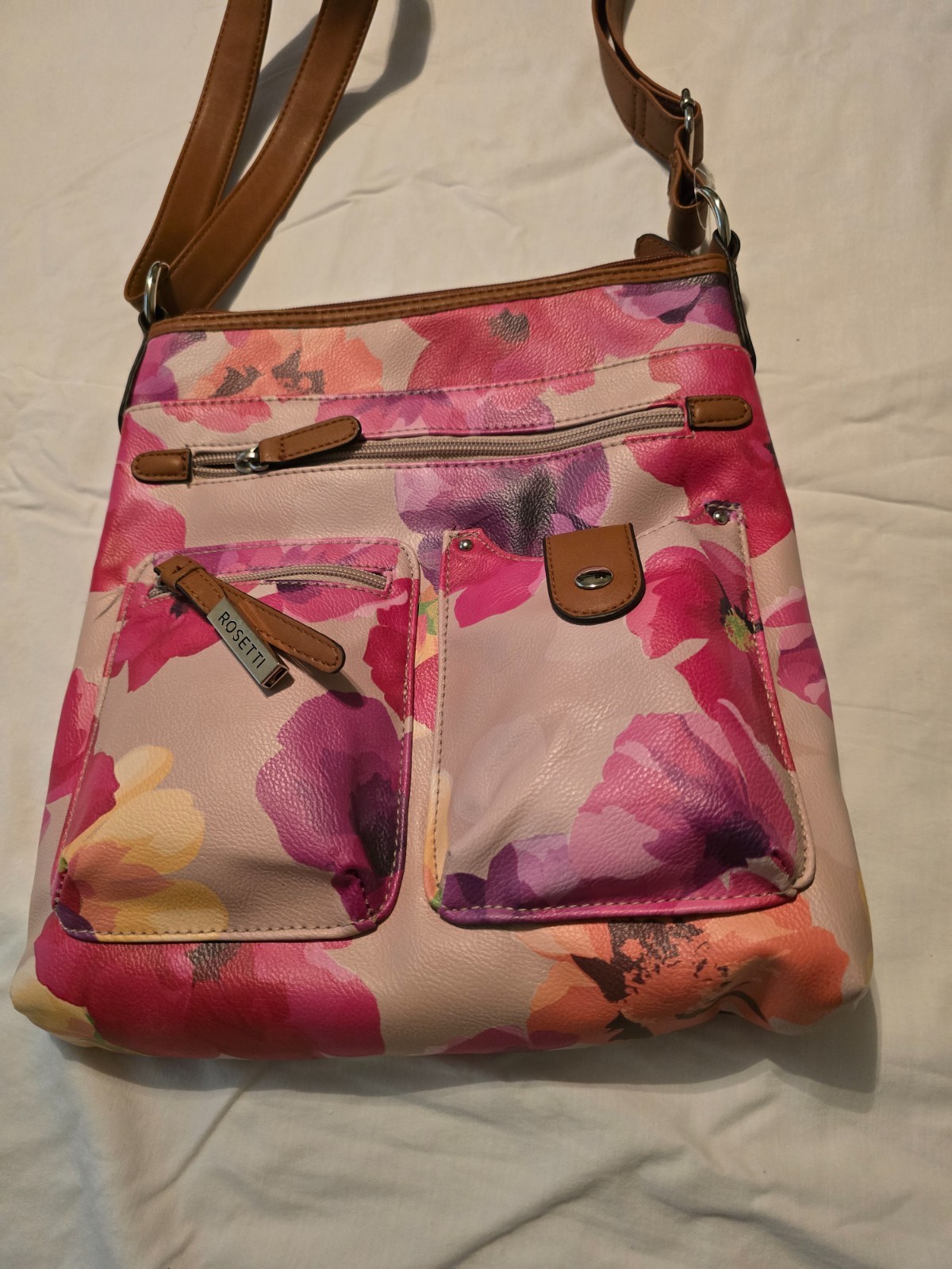 Rosetti new Floral Crossbody Bag NWOT pink purple multipocket faux leather purse