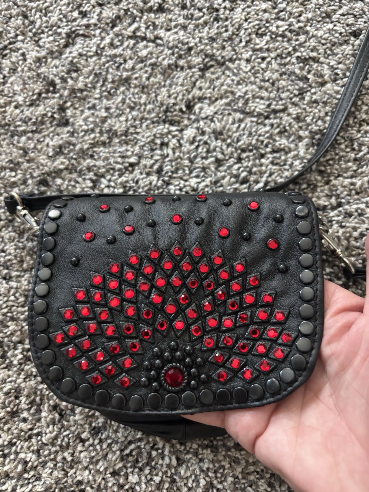Kippy Black Leather Crossbody/belt Pouch With Black And Red Crystals