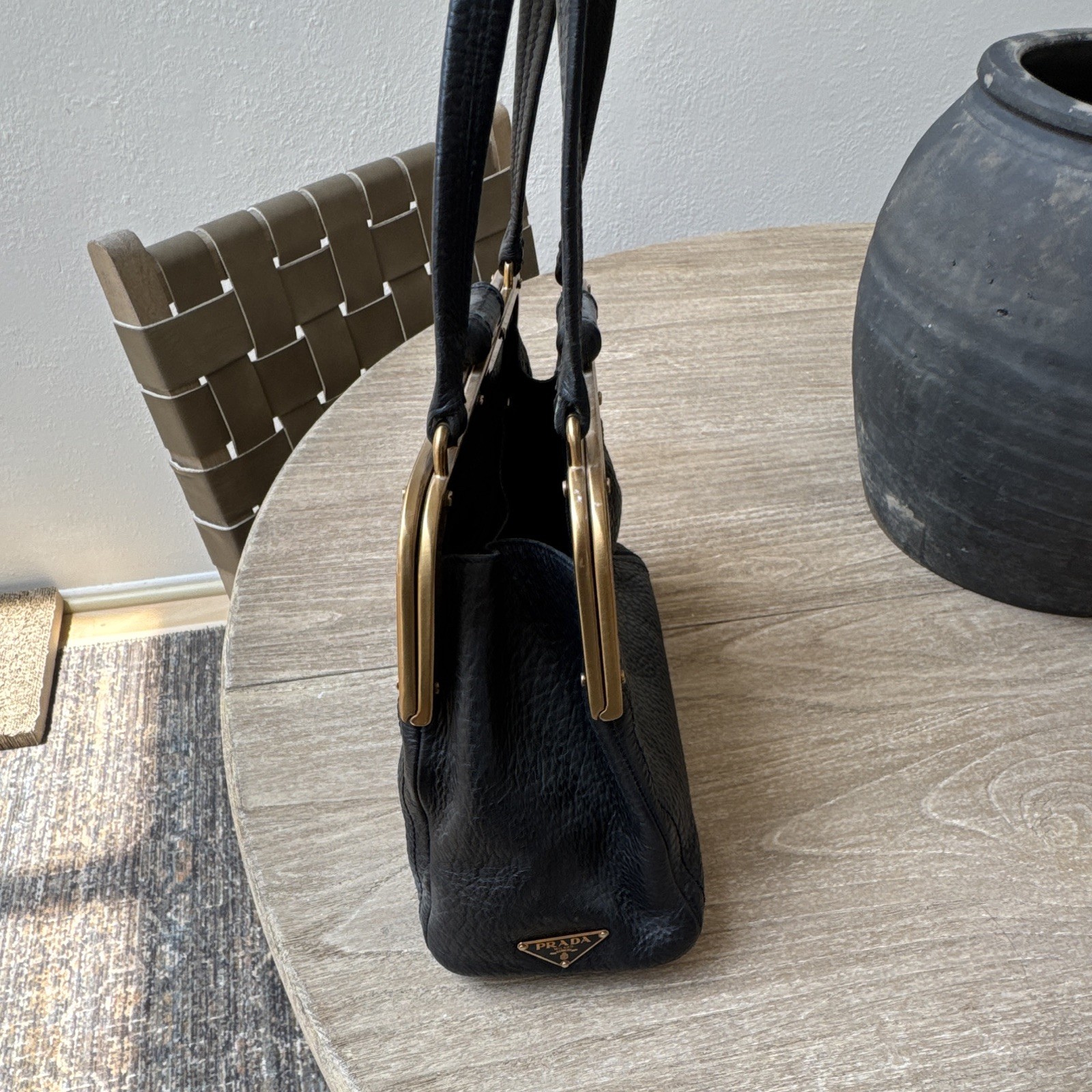 PRADA Cervo Antik Frame Top Handle Bag Black Pebbled, Gold Logo, Dust Bag