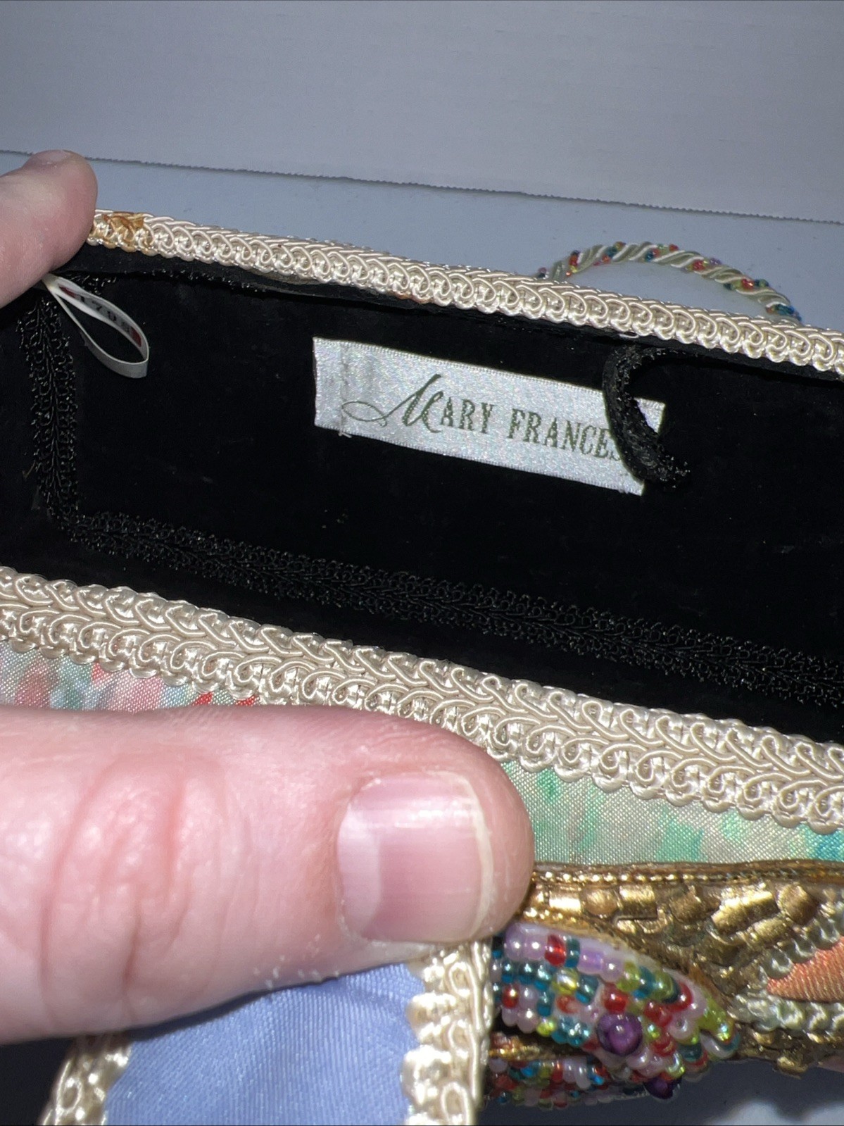 MARY FRANCES Butterfly Satin Silk Beaded Vintage Clutch With Strap