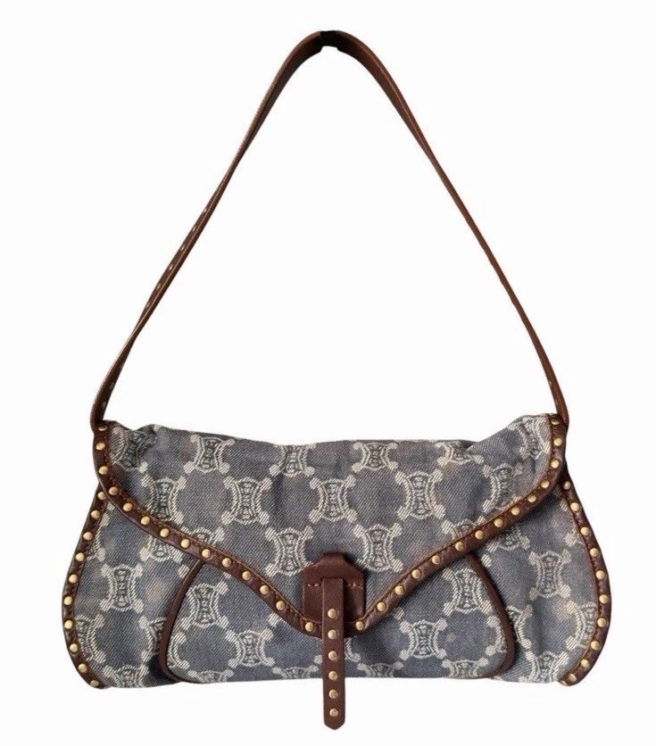 Celine Poulbot Triomphe Denim Studded Shoulder Bag