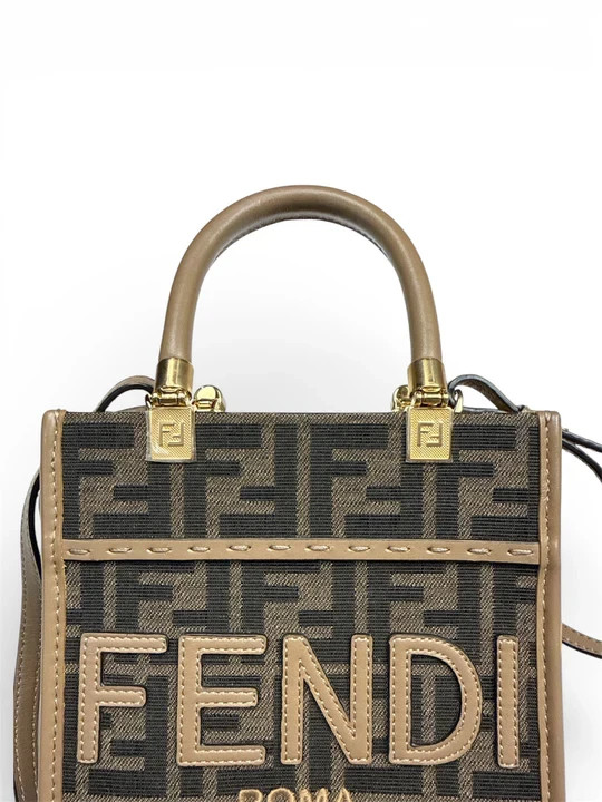 Authentic Fendi Roma Mini Zucca Canvas Shopper Bag Brown Leather Crossbody Mini