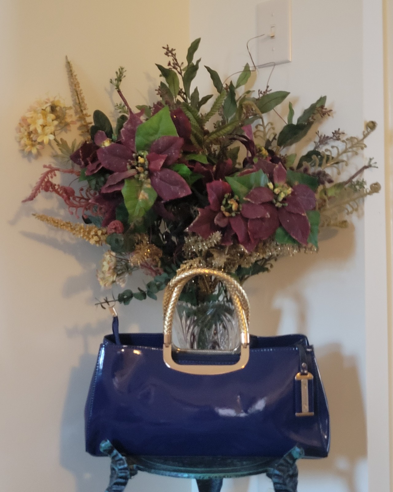 Elegant Patent Leather Bag/Crossbody Purse Glossy Royal Blue Gold Accent PU New