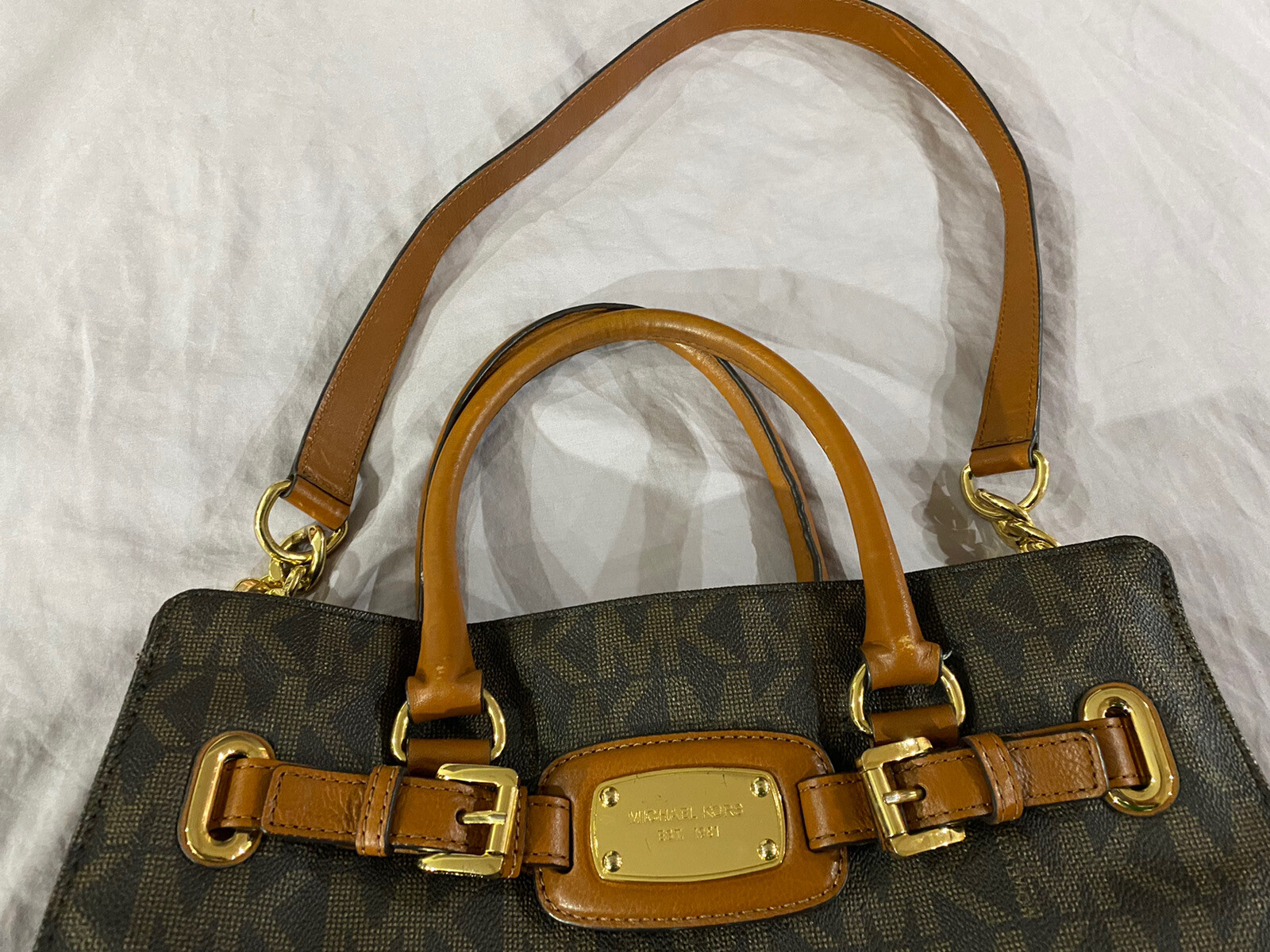 MICHAEL KORS HAMILTON SMALL SATCHEL SHOULDER CROSSBODY BAG MK SIGNATURE BROWN