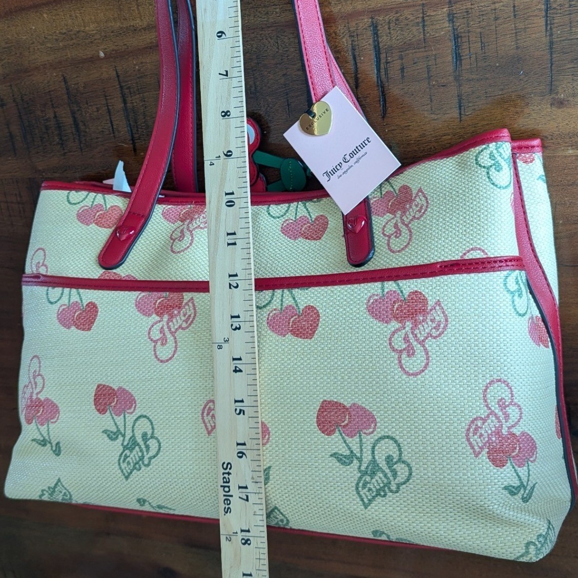 Juicy Couture Paradise Tote Red Cherry Fruit Print Woven Straw Shoulder Bag New