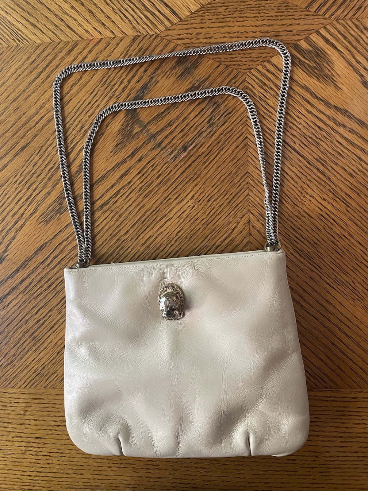 Vintage Ruth Saltz Cream Leather Gold Cougar Head Chain Strap Purse