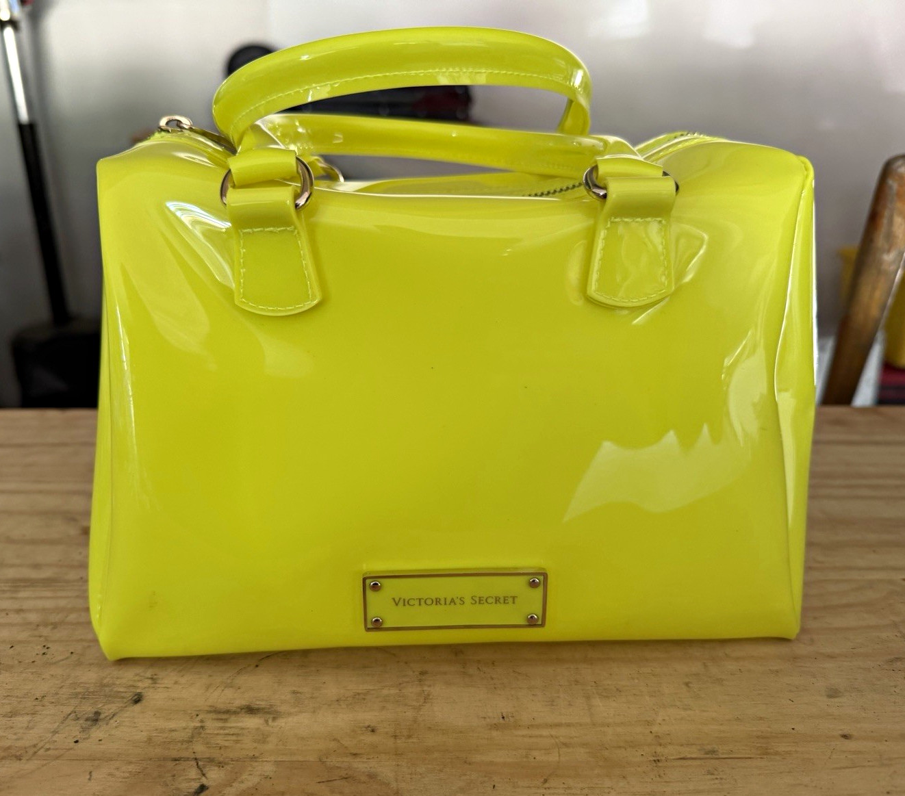 Victoria’s Secret Yellow Patent Satchel Top Handle Bag Zip Closure Gold/Silver
