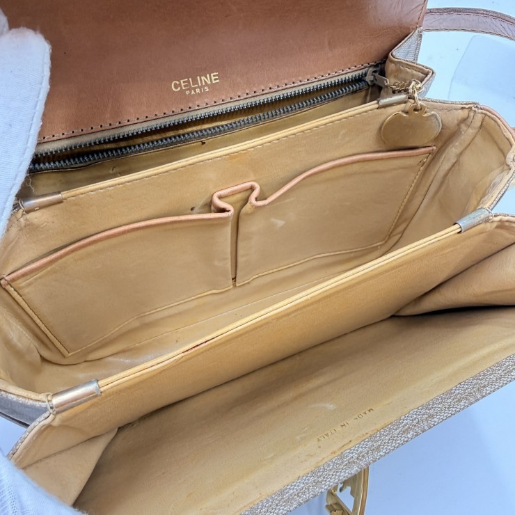CELINE Vintage Macadam Shoulder Bag in Beige PVC and Leather with Gold-Tone …
