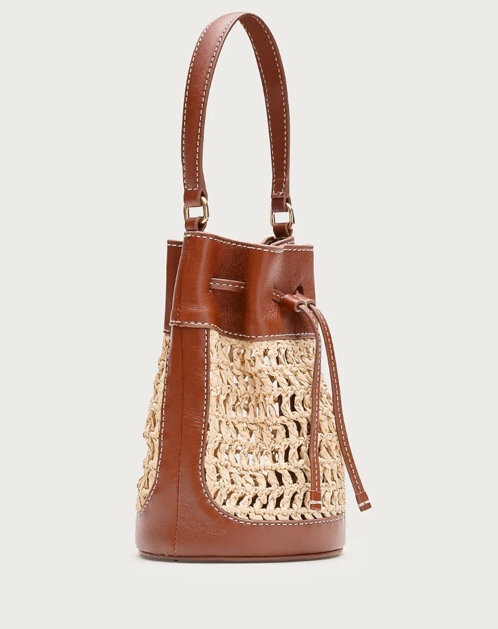 NWT J Crew Drawstring bag in straw and leather in (Brown and Beige)