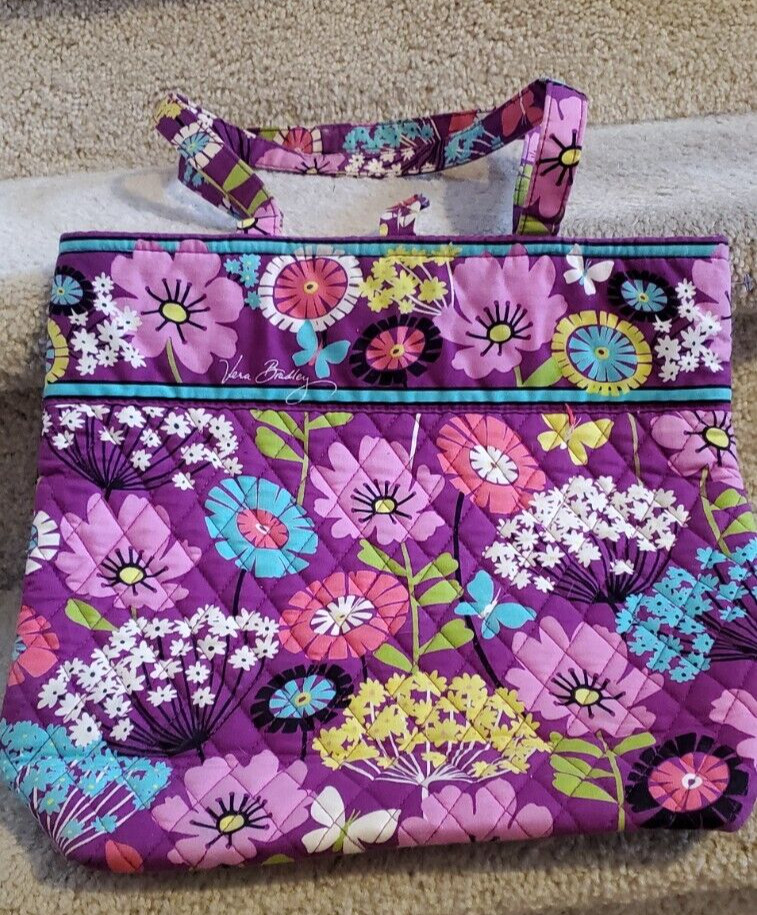 Vera Bradley Vera Tote Purple Flutterby Bag with Horn Toggle Button
