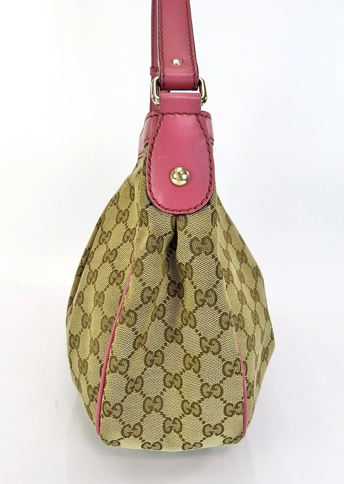 Auth GUCCI Sukey Brown GG Canvas and Pink Leather Shoulder Bag Purse #62121