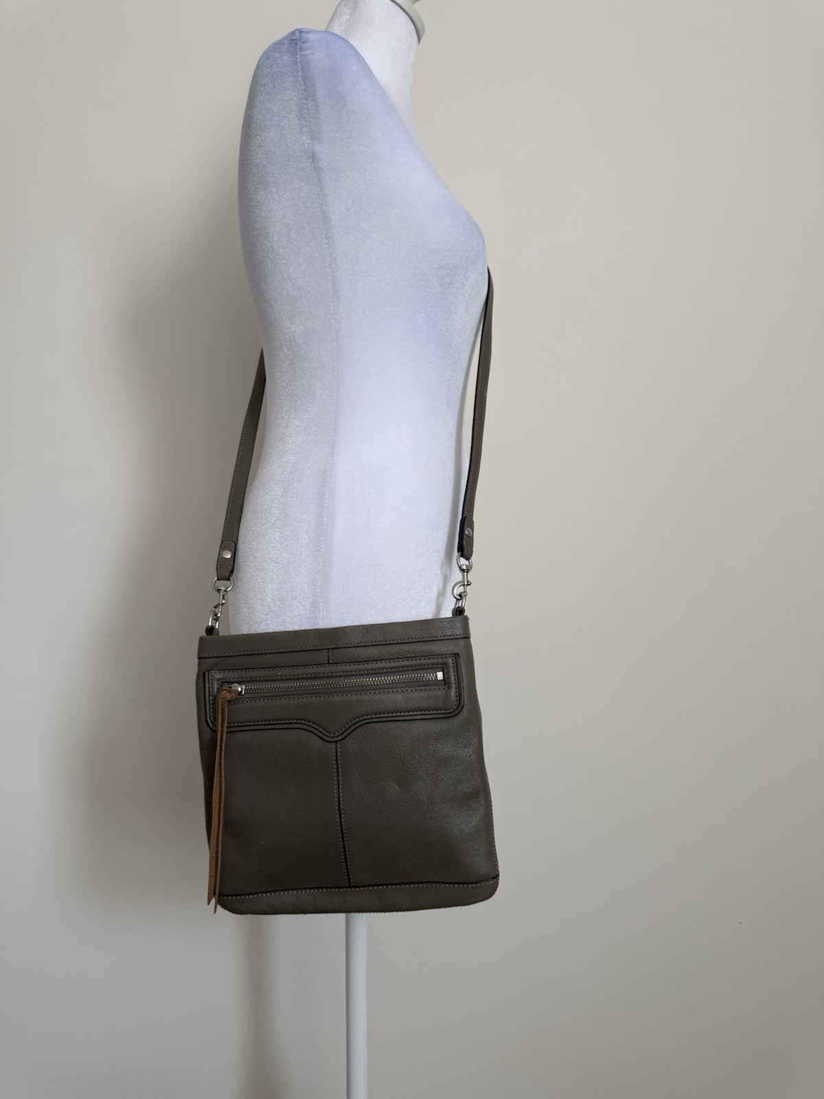 Rebecca Minkoff Gray Pebbled Leather Crossbody Bag Zip Tassel Silver Hardware