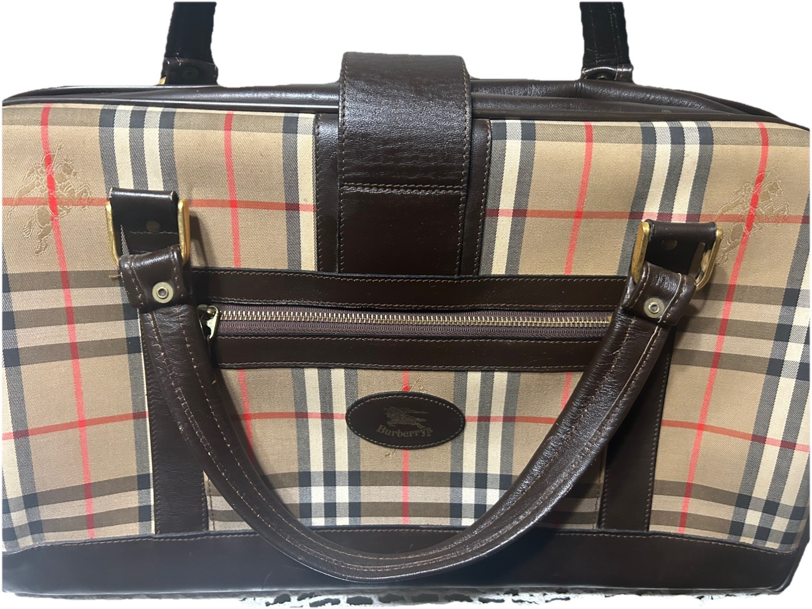 Vintage Burberry Beige Boston Large Travel Bag Haymarket Check Canvas