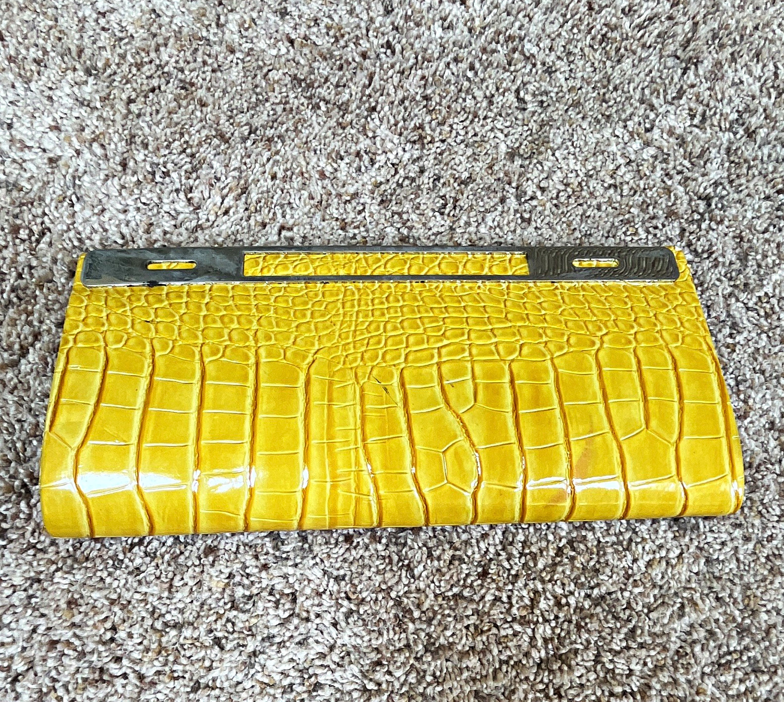 Yellow Croc Embossed Clutch Wallet w/ Magnetic Snap, Silver Chain Strap