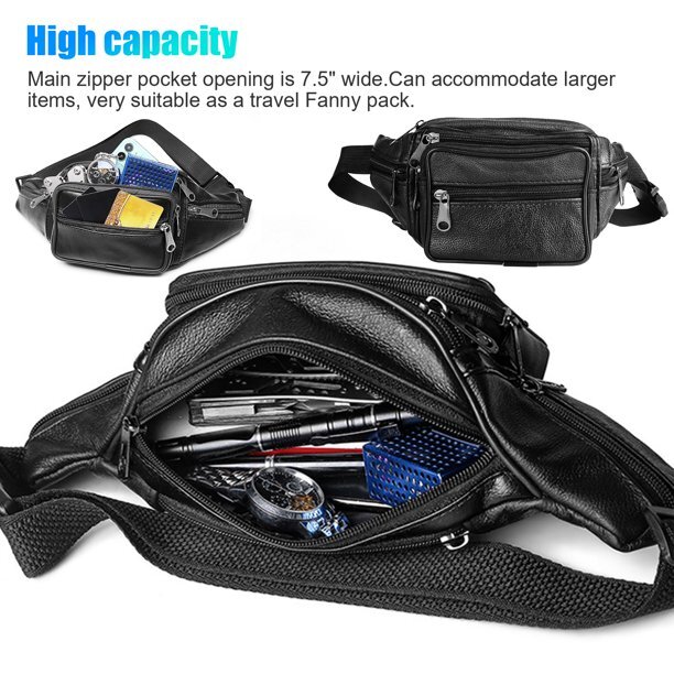 Fanny Pack Black Genuine Leather Waist Bag Travel Purse Hip Belt Carry On Pouch
